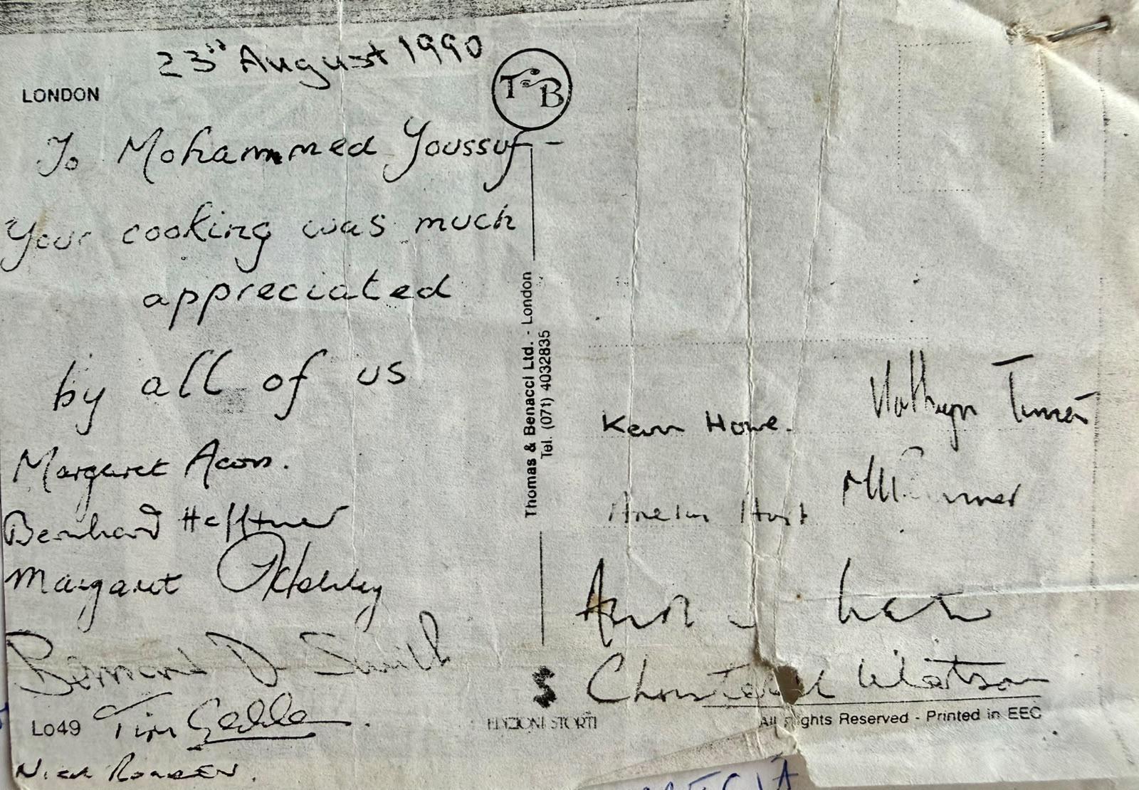 A postcard dated 23 August 1990 addressed to Mohammed Youssuf, reading "Your cooking was much appreciated by all of us", signed in ink by around a dozen members of the trekking group.