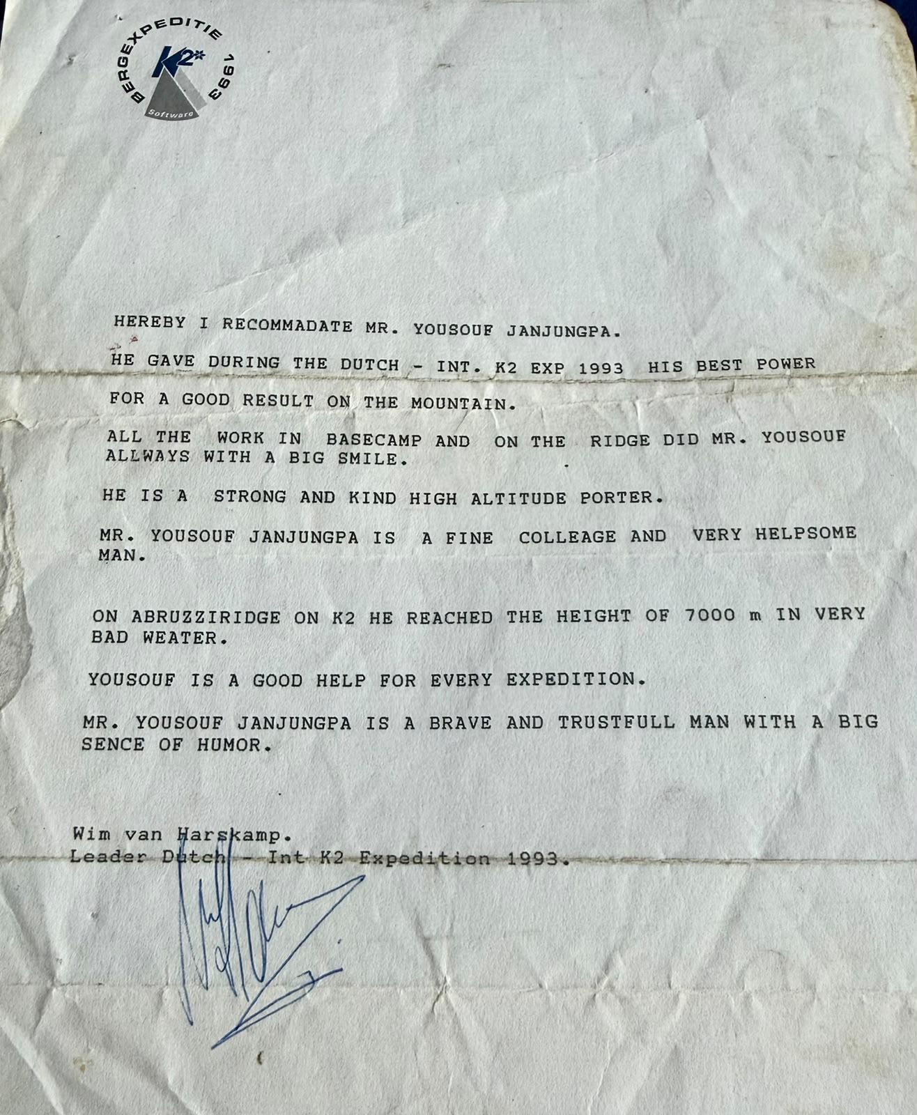 Typed letter on Dutch International K2 Expedition 1993 letterhead recommending Yousouf Janjungpa as a strong and kind high-altitude porter who reached 7,000 metres on the Abruzzi Spur in very bad weather, signed by expedition leader Wim van Harskamp.